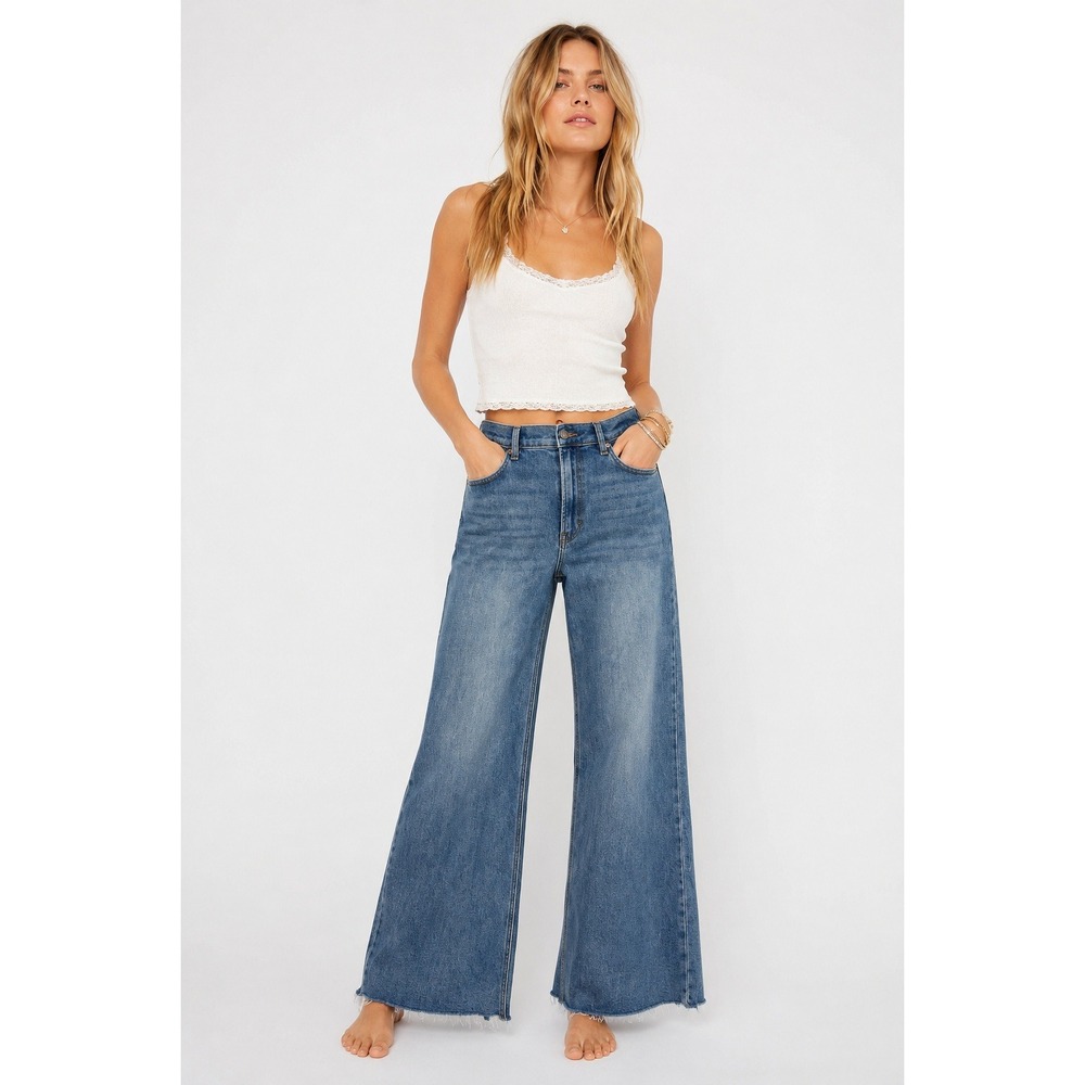 Just USA Samanda Wide Leg Jeans Medium Indigo Raw Hem Womens 14 NWT